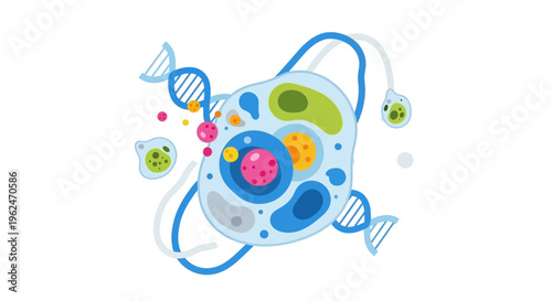 Cell Biology and Genetics Flat Illustration with DNA Strands, Microorganisms, and Cellular Structure