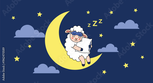 Adorable cartoon sheep wearing a sleep mask and hugging a soft pillow while sleeping on a yellow crescent moon.