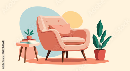 Cozy and stylish living room corner featuring a pink armchair, a side table with books, and a healthy potted plant.