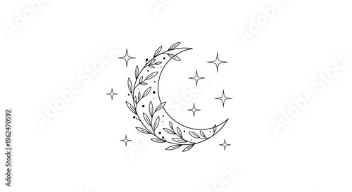 Decorative black line art of a crescent moon embellished with delicate leaves and surrounded by several small stars.