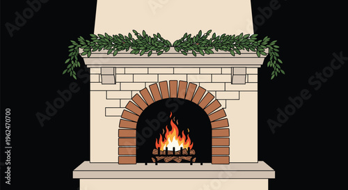 Traditional brick fireplace with a roaring fire inside and a green leaf garland decorating the mantelpiece against a black background.