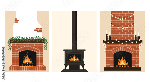 Triptych of cozy fireplace illustrations showing different styles including a wood stove and brick hearths with festive decorations.