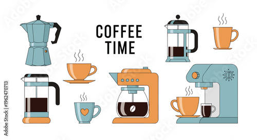 Coffee time illustration featuring various brewing methods such as moka pot, french press, and drip machines along with cups of coffee.