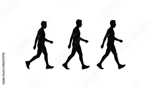 Silhouette of a person walking in three stages showcasing motion and movement in a simple black and white illustration