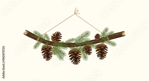 Decorative wooden branch decorated with evergreen needles and brown pinecones hanging from a simple string against a cream background.
