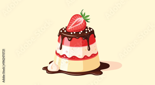 Delicious layered pudding dessert topped with rich chocolate sauce, a fresh strawberry half, and white sprinkles on a cream background.