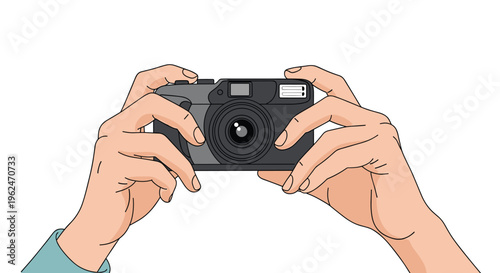 Pair of hands holding a classic black compact digital camera as if taking a creative photograph against a plain white background.