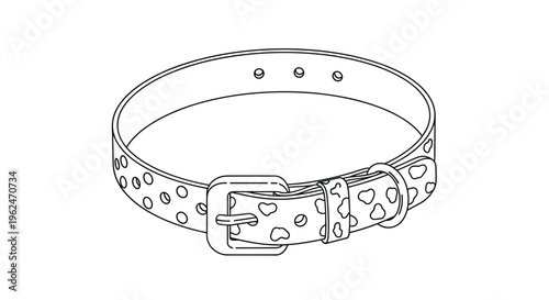 Black and white line art illustration of a buckled dog collar with a spotted pattern and small holes for adjustment.