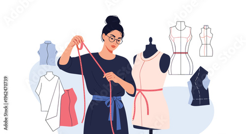 Female tailor measuring a garment on a mannequin with sketches of clothing designs in the background representing fashion design work.