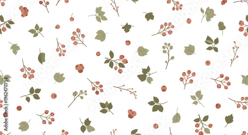 Delicate seamless pattern featuring scattered small red berries and green autumn leaves on a clean white background.