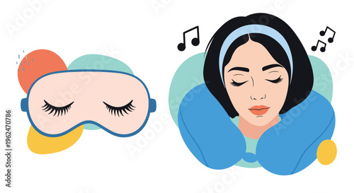 Sleep and relaxation set featuring a decorative eye mask and a woman resting peacefully with a blue travel neck pillow.