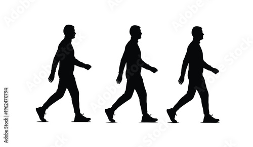 Three black silhouette figures walking in sequence demonstrating a stride silhouette