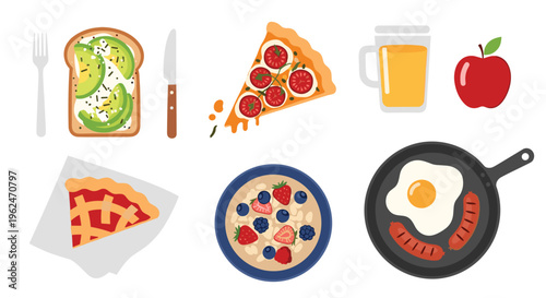 Assortment of healthy breakfast items including avocado toast, fruit bowl, fried egg, sausages, pizza slice, apple, and juice.