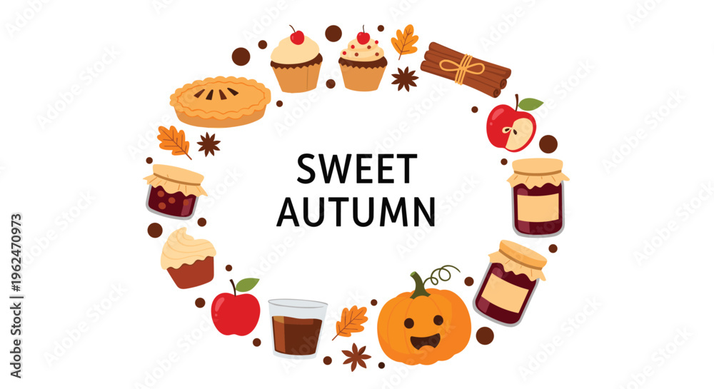Fototapeta premium Circular wreath frame made of autumn treats like pumpkin, pie, jam, apples, and cupcakes surrounding the text sweet autumn.