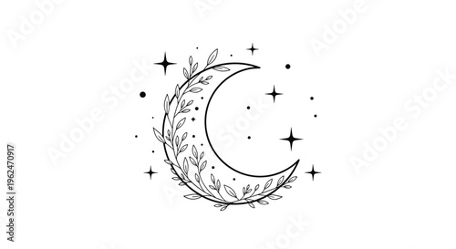 Minimalist illustration of a crescent moon with delicate leafy branches and small twinkling stars on a white background.