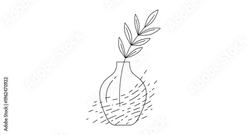Minimalist line art illustration of a simple plant branch with leaves placed inside a glass vase with textured shading details.