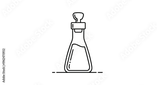 Simple black and white line icon of a laboratory conical flask partially filled with liquid standing on a horizontal line base.