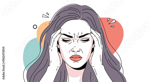 Illustration of a woman suffering from a severe headache or migraine pressing her hands to her temples with a stressed facial expression.