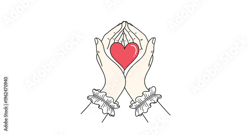 Illustration of two hands gently holding a bright red heart symbol representing love, care, compassion, and togetherness.