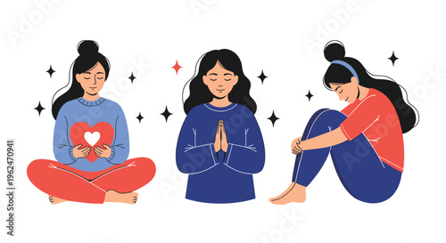 Collection of three women in different poses practicing mindfulness, meditation, and self love surrounded by twinkling stars and hearts.