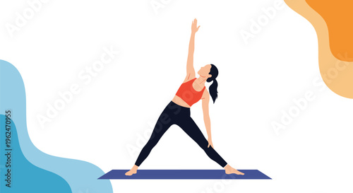 Silhouette of a woman practicing a yoga triangle pose on a purple mat against a white background with abstract blue and orange shapes.