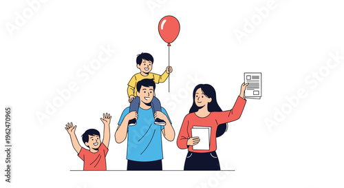 Happy family of four including parents and two young children holding official documents and a red balloon celebrating their success.