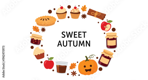 Circular wreath frame made of autumn treats like pumpkin, pie, jam, apples, and cupcakes surrounding the text sweet autumn.