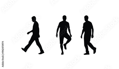 Silhouette of three men walking in different poses on a white background