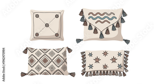 Set of four decorative throw pillows with different patterns and textures including tassels, buttons, stars, and geometric designs.