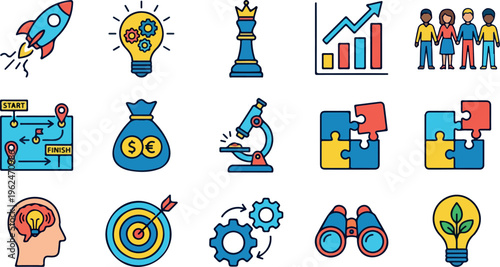 Business and marketing vector icon set with growth, strategy, analytics, investment, technology, productivity, management, and global corporate success concepts