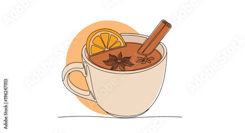 Single line drawing of a cup of hot mulled wine or tea with a slice of orange, star anise, and a cinnamon stick.