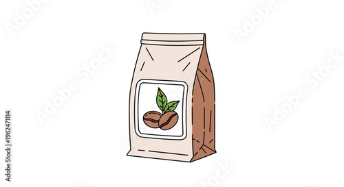 Simple paper bag of coffee beans with a white label featuring two coffee beans and green leaves on a white background.