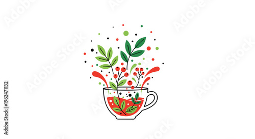 Creative illustration of a white teacup with red tea spilling out like a splash of leaves, berries, and colorful dots.