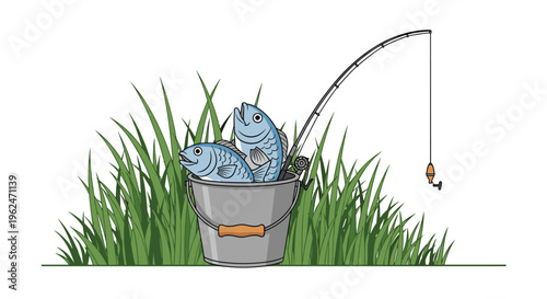 Outdoor scene featuring a metal bucket full of caught fish and a fishing rod standing in tall green grass against a white sky.