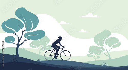 Calm silhouette of a cyclist riding through a serene park landscape with stylized trees and rolling hills in soft green and blue colors.