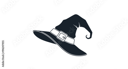 Simple black silhouette of a classic witch hat featuring a large buckle and curved tip isolated on a clean white background for halloween.