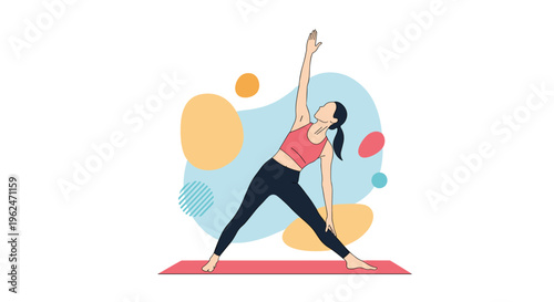 Active young woman practicing triangle yoga pose on a pink mat surrounded by creative abstract shapes in soft blue and orange tones.
