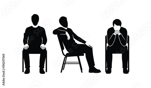Three black silhouettes of people sitting on chairs in different poses silhouette