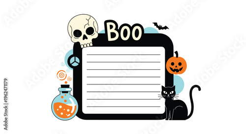 Halloween themed note template design with a spooky skull, black cat, orange pumpkin, and a magic potion bottle around a lined frame.