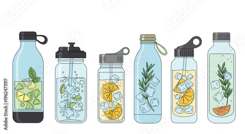 Variety of reusable glass water bottles filled with healthy fruit infused detox drinks like lemon, lime, orange, and fresh green herbs.
