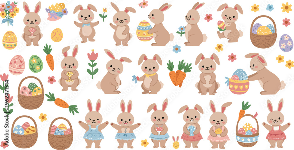 Fototapeta premium Easter bunnies with baskets and carrots on white background celebrating springtime and holiday fun with colorful eggs