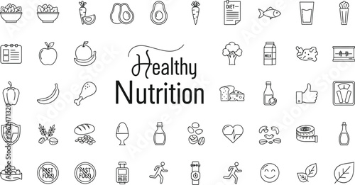 An array of thin line icons presents various food items, dietary elements, and nutrition concepts suitable for health and cooking applications.
