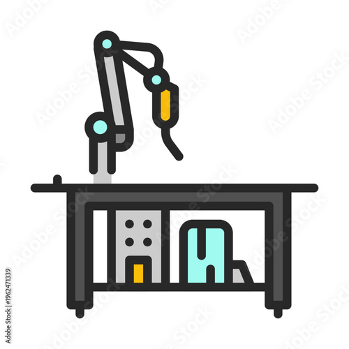 Cobot Welder vector outline icon for industrial warehouse automation. AI manipulator sign. Spot illustration of welding robot for factory.