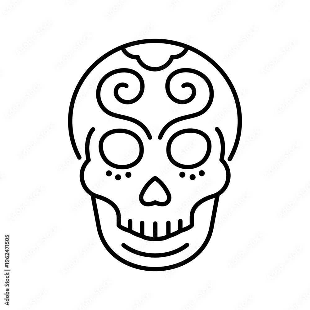Fototapeta premium Sugar skull icon. Holidays and day of the dead line symbol. Black and white.