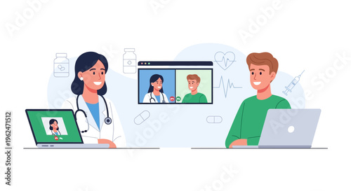 Telemedicine Consultation: Doctor and Patient on Video Call for Online Healthcare Service