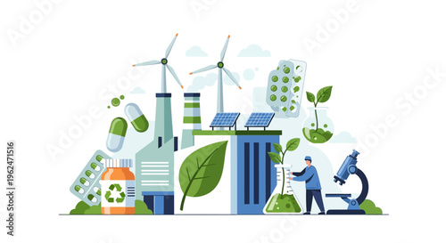 Green Biotechnology and Sustainable Pharmaceutical Production. Scientific Research, Renewable Energy, and Eco-Friendly Industry Concept.