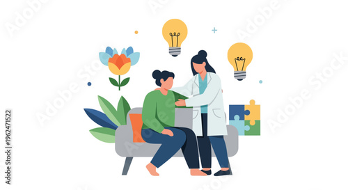 Mental Health Therapy & Support: Therapist Provides Counseling, Empathy & Solutions to Patient for Psychological Well-being & Personal Growth Illustration