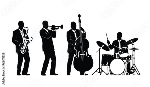 Silhouette of a jazz band performing with saxophone trumpet double bass and drums