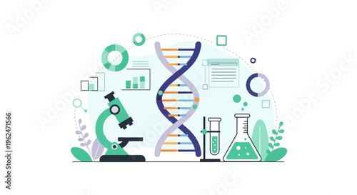 Modern Flat Design Science & Genetics Research Illustration: DNA Helix, Microscope, Lab Equipment & Data Analysis