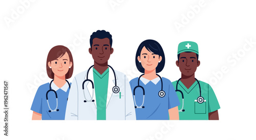 Diverse Medical Team Illustration: Doctors, Nurses, and Healthcare Staff. Smiling Professionals in Healthcare Uniforms.